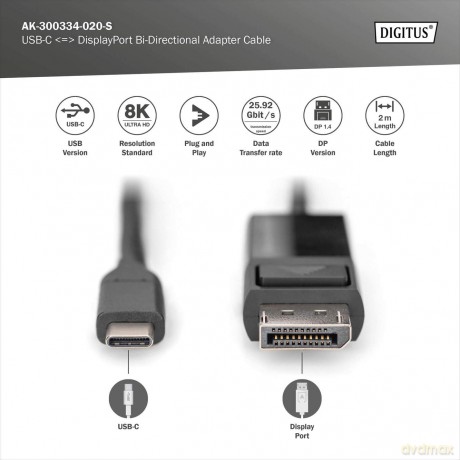 Kabel adapter USB Typ C/DisplayPort dwukierunkowy 8K 30Hz 2m [KABEL]