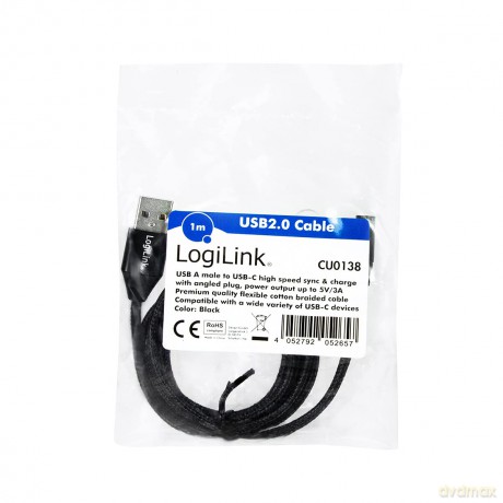 Kabel USB 2.0 A męski do USB-C męski, kątowy, 0.3m [KABEL]