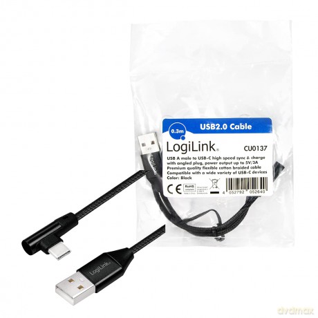 Kabel USB 2.0 A męski do USB-C męski, kątowy, 0.3m [KABEL]