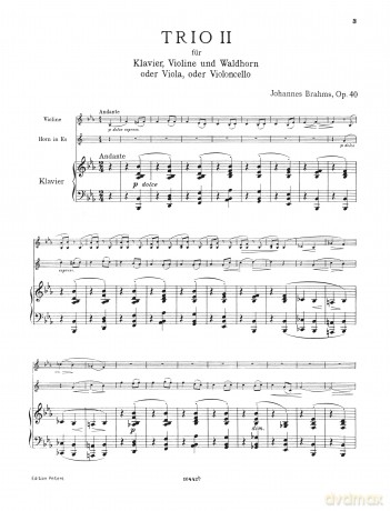 Johannes Brahms: Trio Op. 40 in Eb Major for Horn, Violin and Piano [KSIĄŻKA]