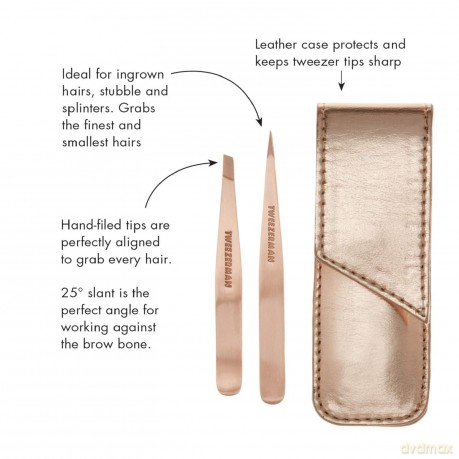 A set of tweezers in a Rose Gold case