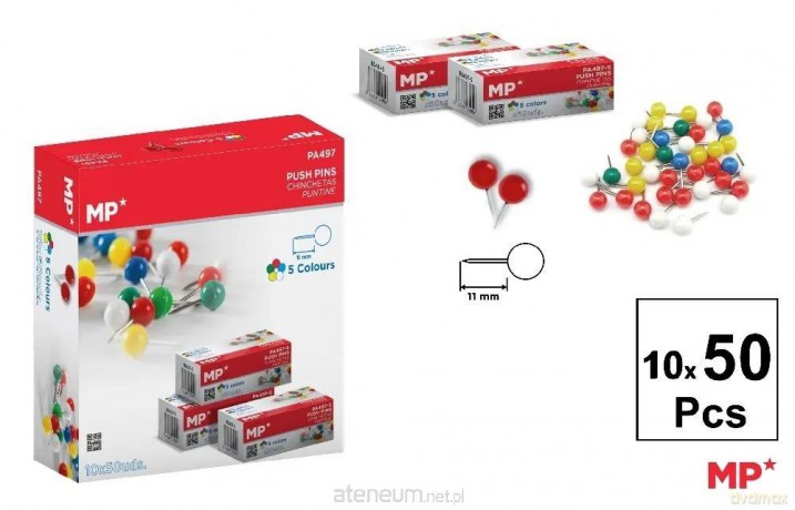 Kolorowe pinezki 11mm okrągła główka 10x50szt