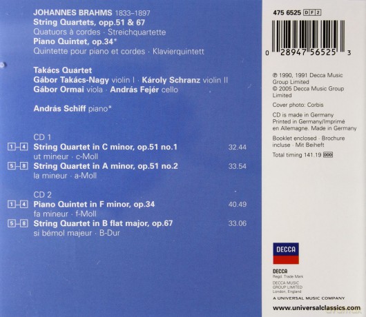 Takacs Quartet: Brahms:String Quartets@Piano Quintet [2CD]