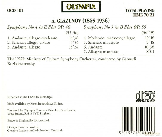 Glazunov: Symphony No. 4 Op. 48: Symphony No. 5. Op. 55: Rozhdestvensky [CD]