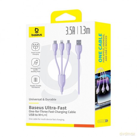 Baseus Kabel ultra-szybkiego ładowania One-for-Three USB-A do M+L+C 3.5A 1.3m Fioletowy