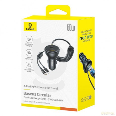 Baseus ładowarka samochodowa USB-C - USB-A 60W czarna z kablem USB-C - Lightning