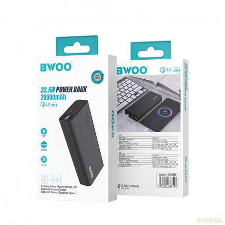 BWOO Power bank 22,5W, 20000 mAh z wyświetlaczem LCD, czarny