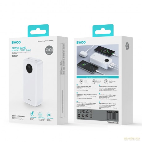 BWOO Power bank 22,5W, 30000 mAh z wyświetlaczem LCD, biały