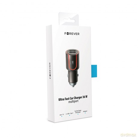 Forever Core ładowarka samochodowa PD+ QC 3.0 2x USB 1x USB-C 2,4A 36W szara