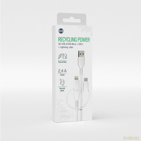 Forever kabel recycling 3w1 1,5m 2,4A USB-A - USB-C +microUSB+ Lightning KR3W1-00 biały