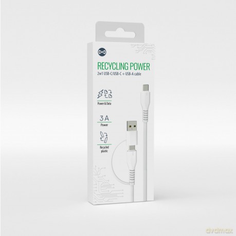 Forever recycling kabel 2w1 1,5m 3A USB-C - USB-C + USB-A KR2W1-00 biały