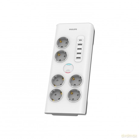 Listwa zasilająca antyprzepięciowa PHILIPS przedłużacz sieciowy 6 gniazd Schuko + 4xUSB-A + 1x USB-C 2m 16A biała