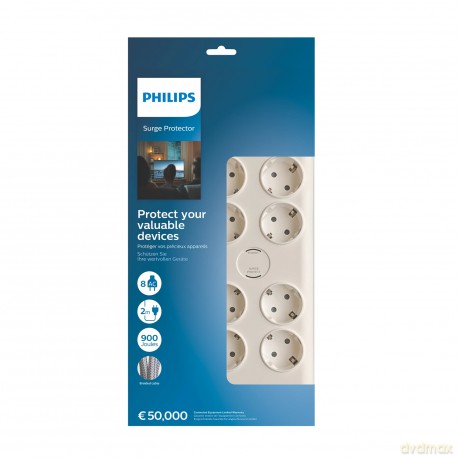 Listwa zasilająca antyprzepięciowa PHILIPS przedłużacz sieciowy 8 gniazd Schuko 16A 2m czarna