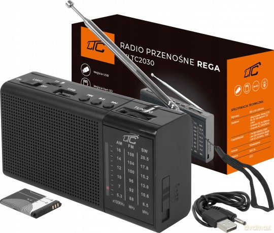 LTC przenośne radio REGA, USB, TF, AUX, mini latarka LED, czarne