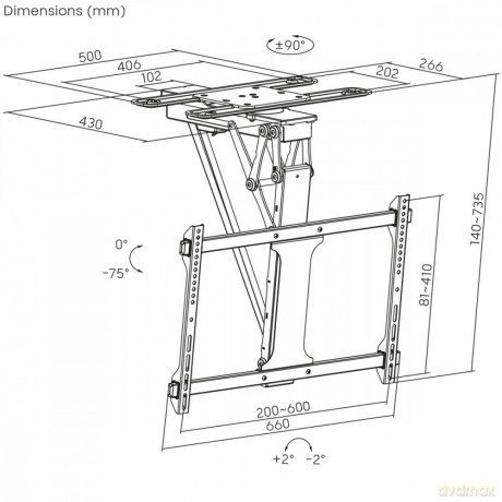 Sufitowy elektryczny uchwyt do TV MC-490 obsługa TUYA, max VESA 600x400, obrót 90st. 32-75', max 35 kg