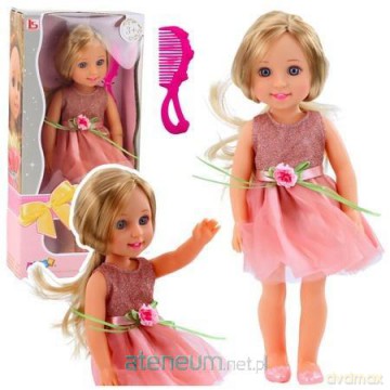 Lalka w sukience z kokardką długie włosy róż 38cm