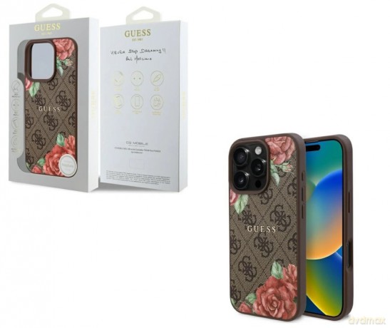 Etui Guess 4G Flowers Print MagSafe na iPhone 16 Pro Max 6.9" - brązowe