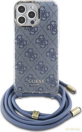 Etui Guess Crossbody Cord 4G Print ze smyczą na iPhone 16 Pro - niebieskie