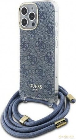 Etui Guess Crossbody Cord 4G Print ze smyczą na iPhone 16 Pro - niebieskie