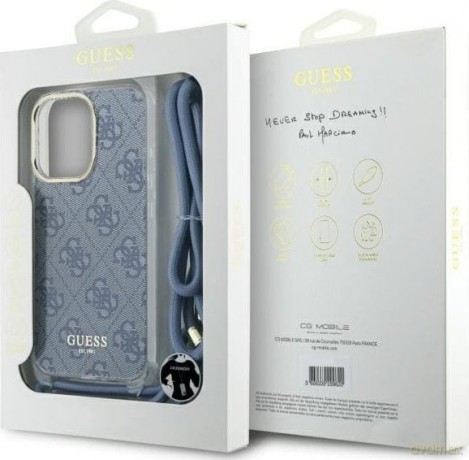 Etui Guess Crossbody Cord 4G Print ze smyczą na iPhone 16 Pro - niebieskie