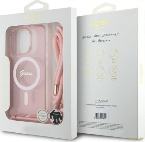 Etui Guess Crossbody Cord Script MagSafe na iPhone 16 Pro - różowe