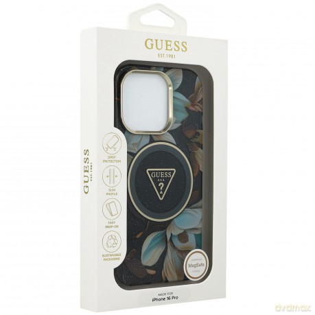 Etui Guess Glitter Flowers Triangle Buttons MagSafe do iPhone 16 Pro czarny