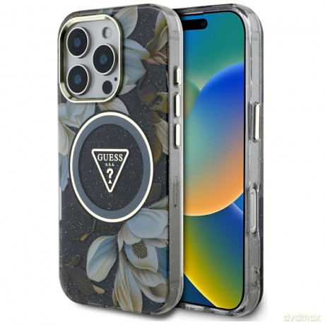 Etui Guess Glitter Flowers Triangle Buttons MagSafe do iPhone 16 Pro czarny