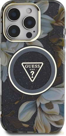 Etui Guess Glitter Flowers Triangle Buttons MagSafe do iPhone 16 Pro Max czarny