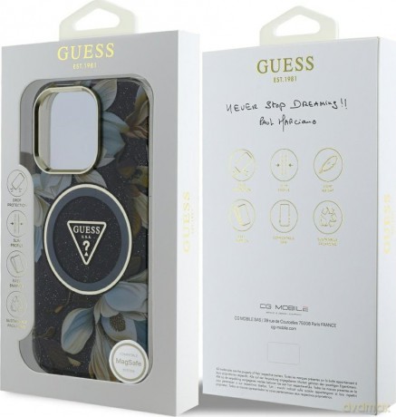 Etui Guess Glitter Flowers Triangle Buttons MagSafe do iPhone 16 Pro Max czarny