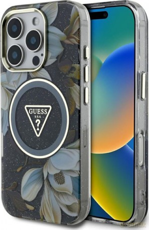 Etui Guess Glitter Flowers Triangle Buttons MagSafe do iPhone 16 Pro Max czarny