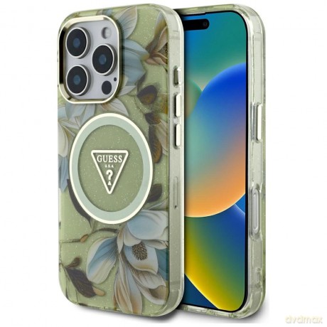 Etui Guess Glitter Flowers Triangle Buttons MagSafe do iPhone 16 Pro Max zielony