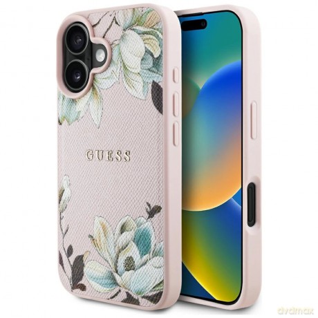 Etui Guess Grained Printed Flower Pattern MagSafe do iPhone 16 różowy