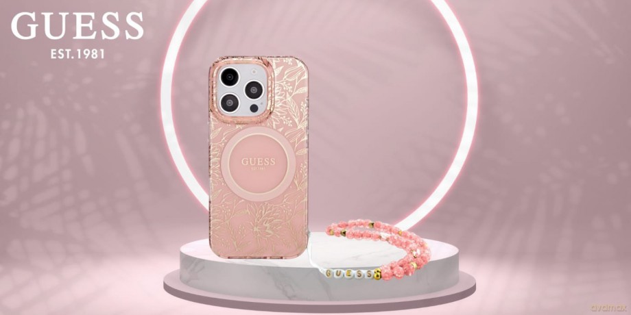 Etui Guess IML Flowers Allover Electro With Pearl Strap MagSafe na iPhone 16 Pro Max - różowe