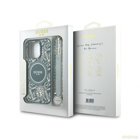 Etui Guess IML Flowers Allover Electro With Pearl Strap MagSafe na iPhone 16 Pro Max - zielone