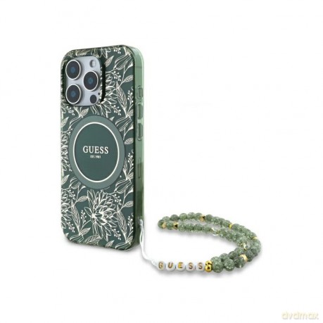 Etui Guess IML Flowers Allover Electro With Pearl Strap MagSafe na iPhone 16 Pro Max - zielone