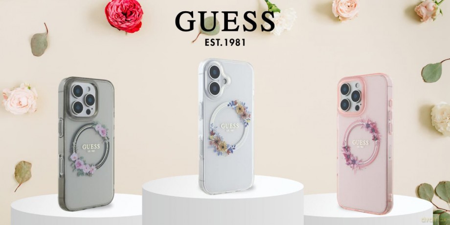 Etui Guess IML Flowers Wreath MagSafe na iPhone 16 Pro Max - fioletowe