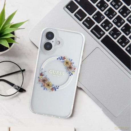 Etui Guess IML Flowers Wreath MagSafe na iPhone 16 Pro Max - fioletowe