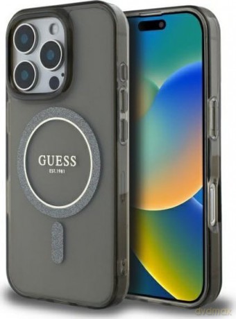 Etui Guess IML Glitter Circle MagSafe na iPhone 16 Pro - czarne