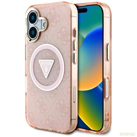 Etui Guess IML Metal Glitter 4G Circle Triangle MagSafe na iPhone 16 - różowe