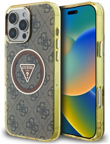 Etui Guess IML Metal Glitter 4G Circle Triangle MagSafe na iPhone 16 Pro - brązowe