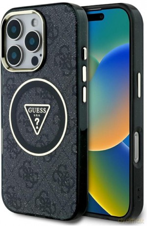 Etui Guess IML Metal Glitter 4G Circle Triangle MagSafe na iPhone 16 Pro - czarne