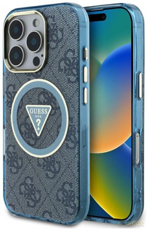 Etui Guess IML Metal Glitter 4G Circle Triangle MagSafe na iPhone 16 Pro - niebieskie