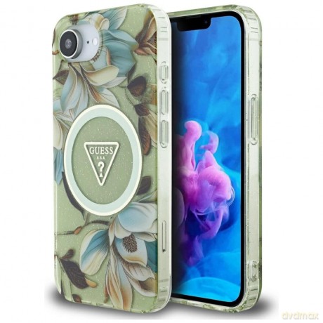 Etui Guess IML Metal Glitter Flowers Triangle MagSafe na iPhone 16e - zielone