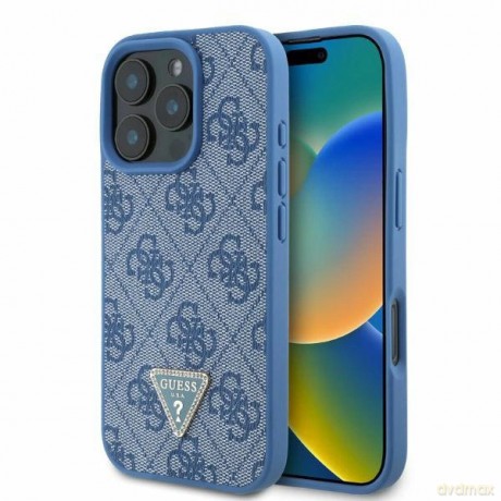 Etui Guess Leather 4G Triangle Strass MagSafe na iPhone 16 Pro - niebieskie