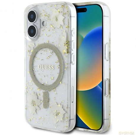 Etui Guess Resin Flowers Glitter MagSafe na iPhone 16 - beżowe