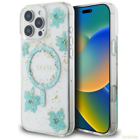 Etui Guess Resin Flowers Glitter MagSafe na iPhone 16 Pro - przezroczysto-zielone