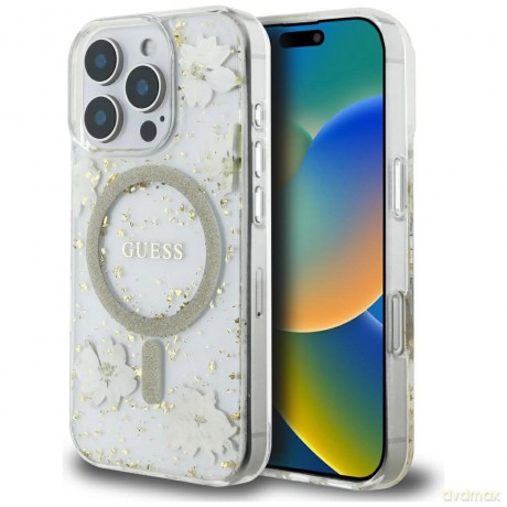 Etui Guess Resin Flowers Glitter MagSafe na iPhone 16 Pro Max - beżowe