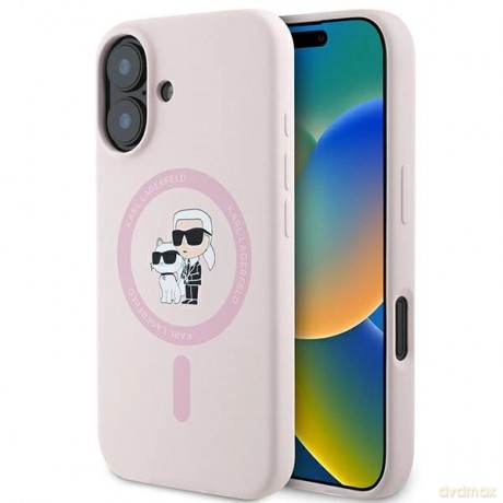 Etui Karl Lagerfeld Silicone Karl&Choupette Heads Ring MagSafe na iPhone 16 Plus - różowe