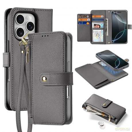 Etui skórzane Dux Ducis Lawa na iPhone 16 Pro z odłączanym portfelem magnetycznym - szare