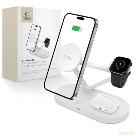 Ładowarka bezprzewodowa Tech-Protect QI15W-A41 3w1 z MagSafe do urządzeń Apple - biała